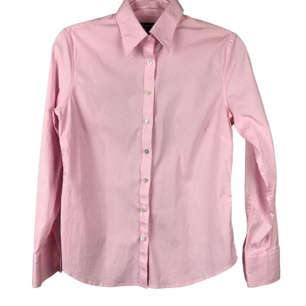 Lands End Cotton Stretch Pastel Pink White Tailored Dot Button Up Down Shirt 6